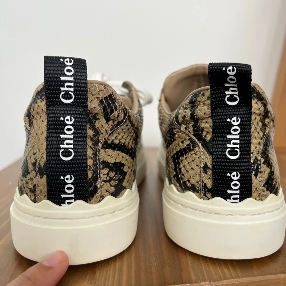 Chloe Lauren Snakeskin Embossed Leather Scalloped Low Top Sneakers Brown 38 - Picture 6 of 11